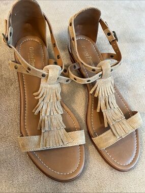 Fringed Suede Tan T-Strap Sandals with Ankle Buckle